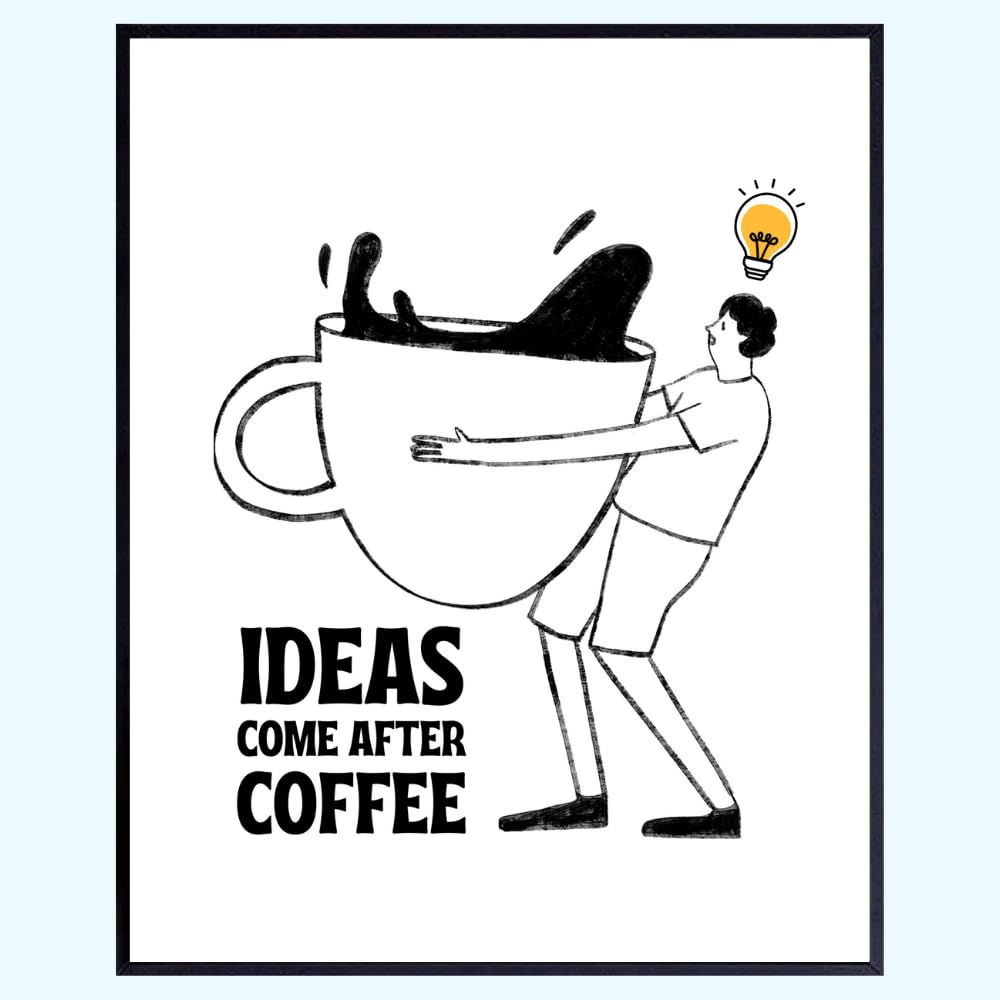 Blessed Posters – "Ideas Come After Coffee" Bar Sign – Kitchen Wall Art and Counter Décor for Home Café Station, Gifts for Coffee Lovers
