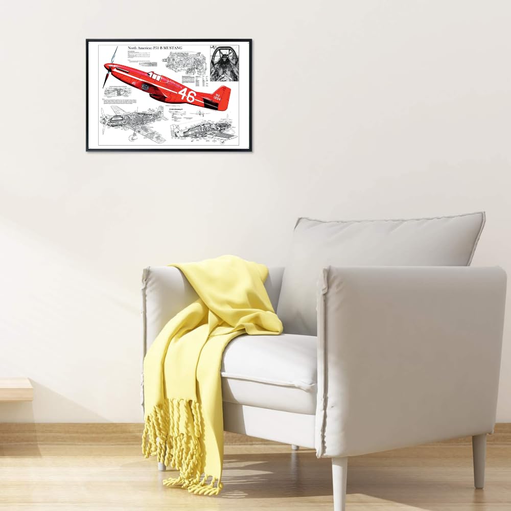 P51 Mustang Blueprint Poster Vintage Military Aviation Wall Art WWII Airplane Print Pilot Gift