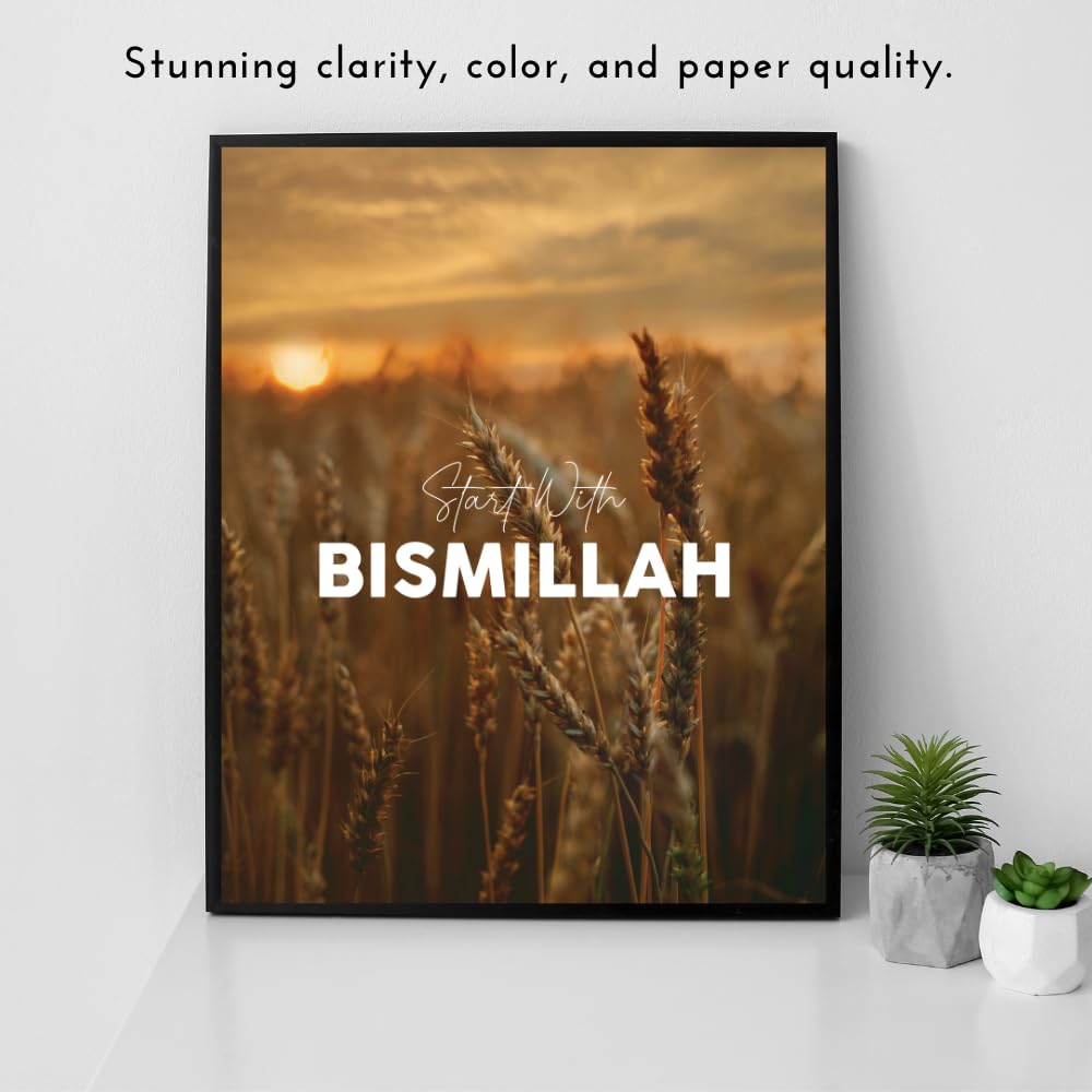 Start With Bismillah Wall Art – Islamic Calligraphy Poster – Muslim Motivational Quote Print – Quranic Home Decor – Gift for Muslims