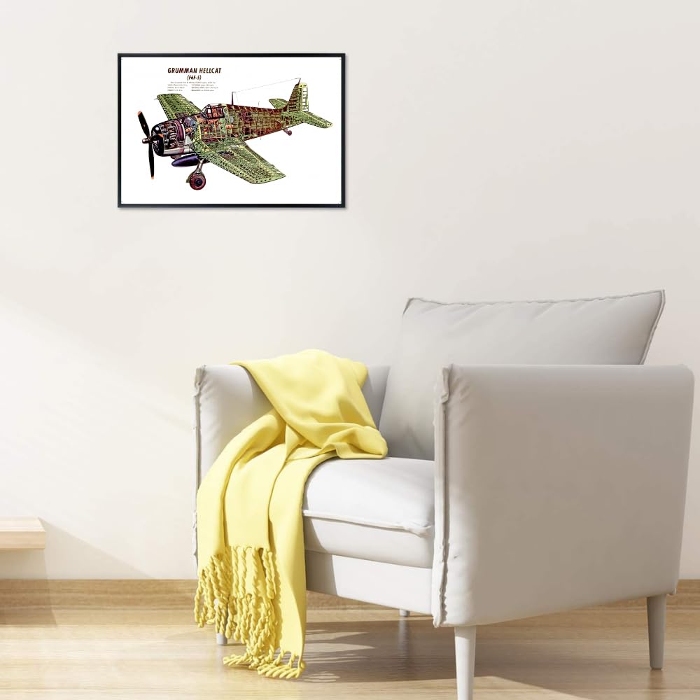 Grumman F6F Hellcat Poster Aviation Wall Art Airplane Diagram Print Warbird Blueprint Aircraft Decor