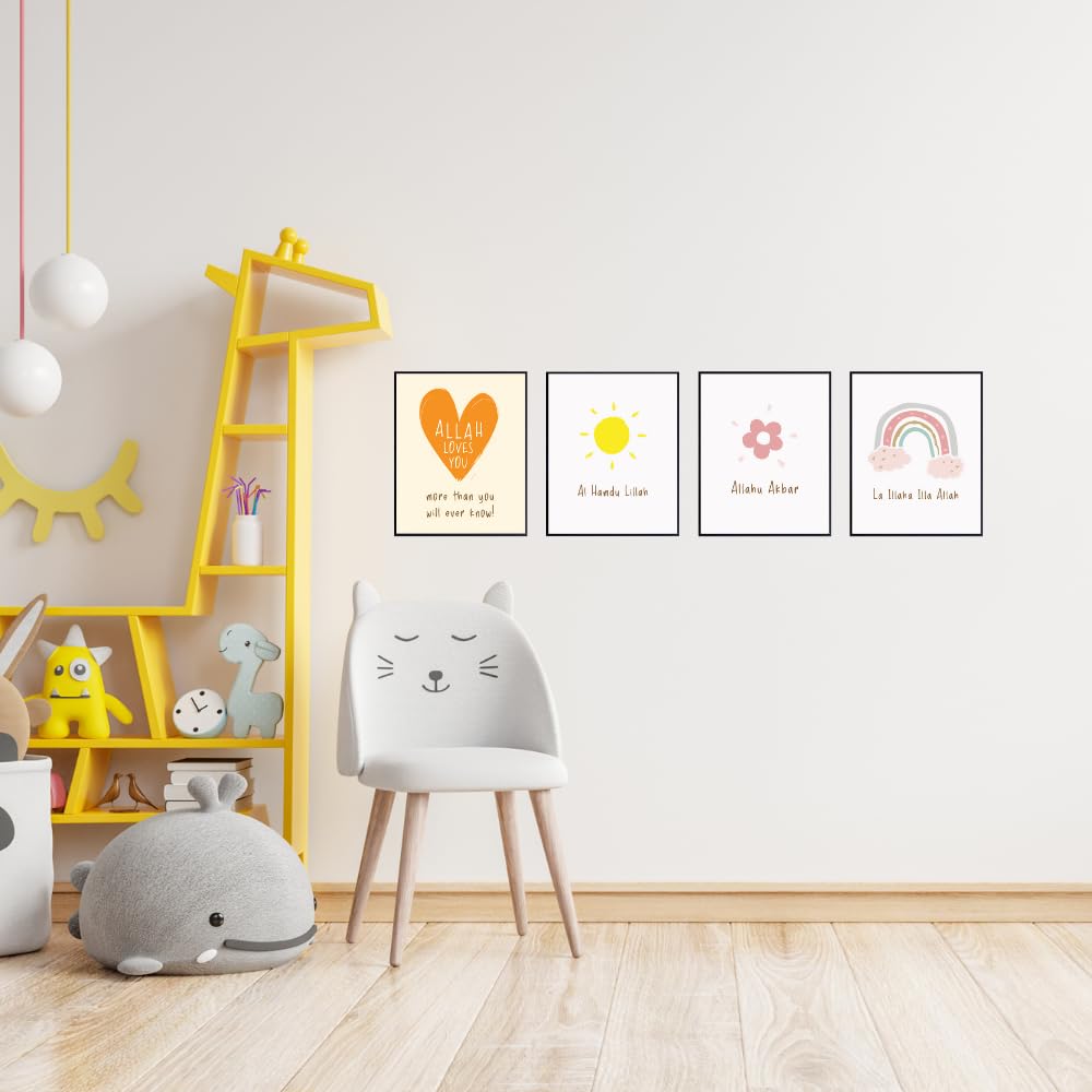 Islamic Wall Art 4-Pack Kids Room Nursery Decor Muslim Gifts for Boys Girls Baby Room Decoration New Parents