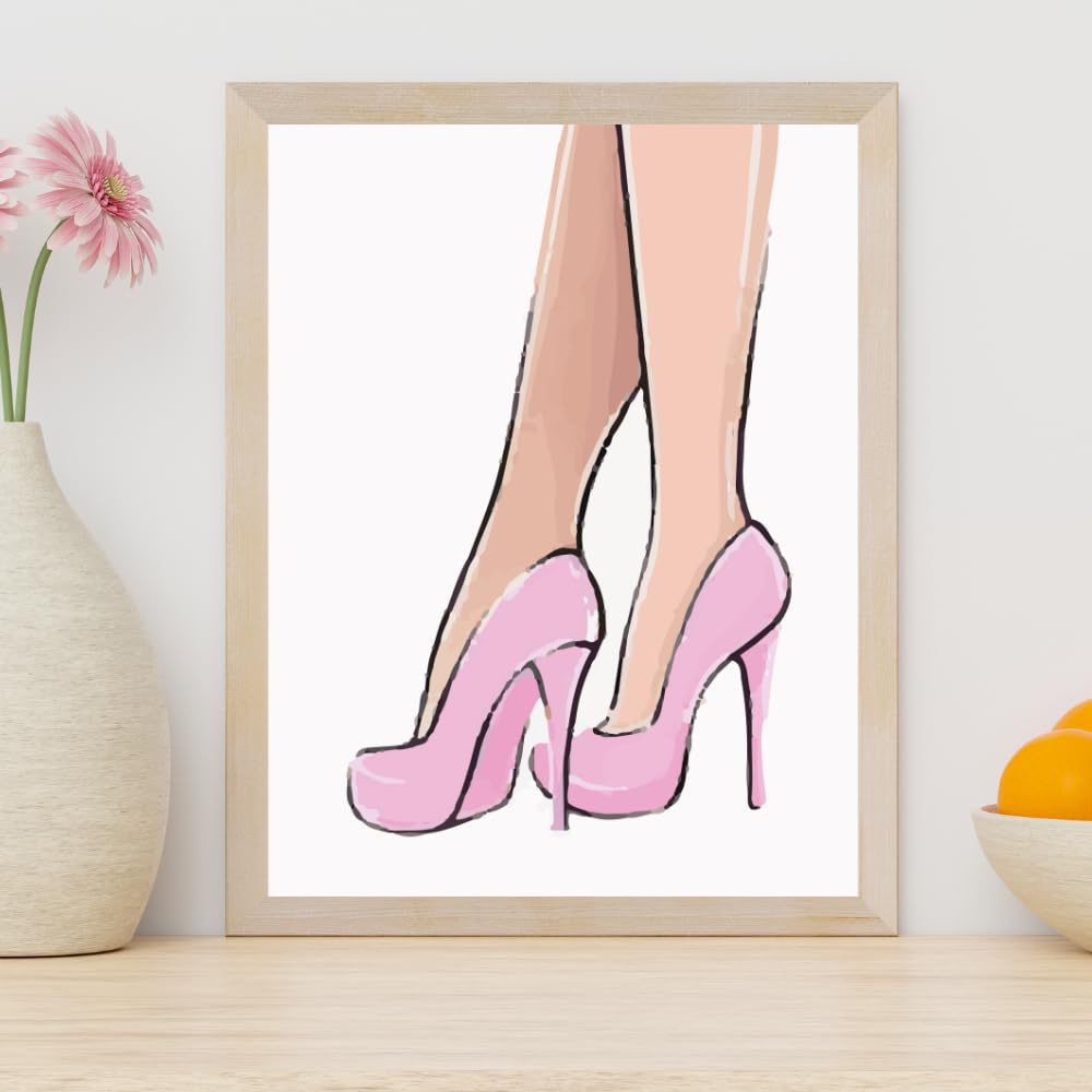 Women Pink High Heels Wall Art Poster Fashion Painting Glam Impressionist Decor Girls Room