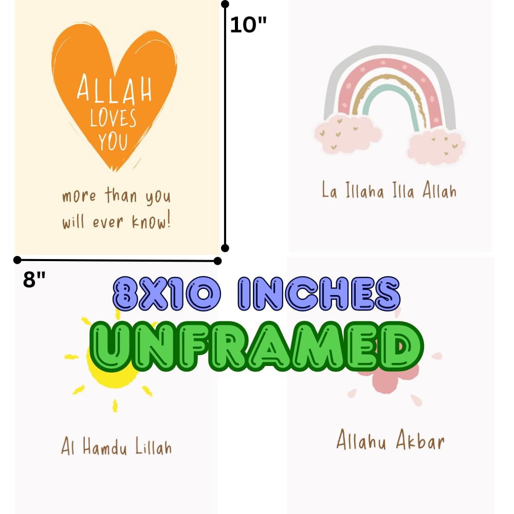 Islamic Wall Art 4-Pack Kids Room Nursery Decor Muslim Gifts for Boys Girls Baby Room Decoration New Parents