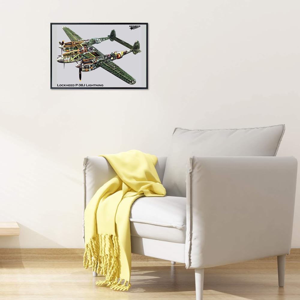 World War II Lockheed P-38 Lightning Poster Aviation Wall Art Airplane Diagram Print Military Aircraft Decor