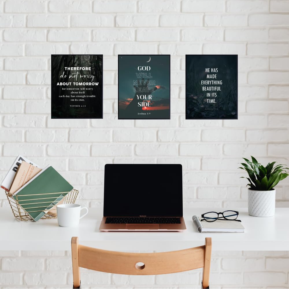 Blessed Posters Christian Wall Art Set of 3 – Bible Verse Prints Joshua 1:9 Ecclesiastes 3:11 Matthew 6:34 – Scripture Wall Decor for Home Office Church Religious Gifts