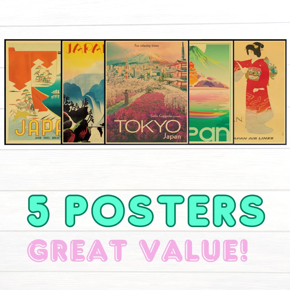 Japanese Wall Art Vintage Travel Poster Set of 5 Japan Prints for Bedroom Living Room Dorm Anime Gifts Home Decor