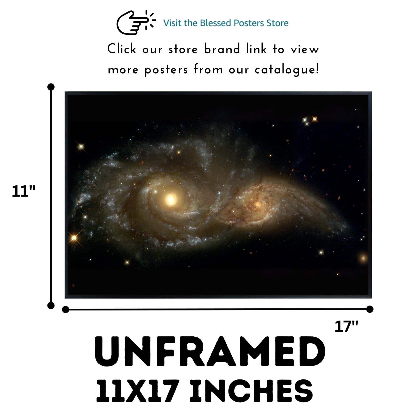 Blessed Posters NGC 2207 and IC 2163 Galaxy Collision Poster – Space Astronomy Wall Art Print for Home Office Bedroom Decor – Astrophotography Galaxy Artwork