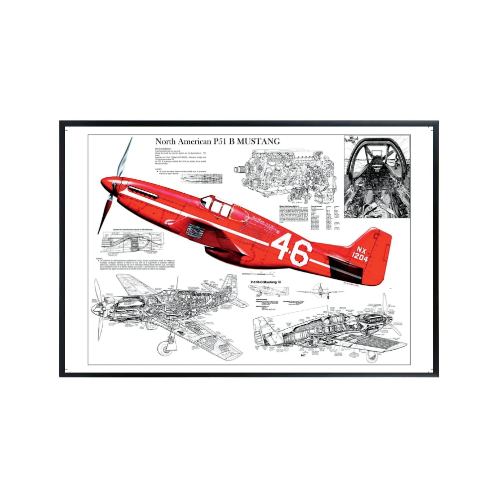 P51 Mustang Blueprint Poster Vintage Military Aviation Wall Art WWII Airplane Print Pilot Gift