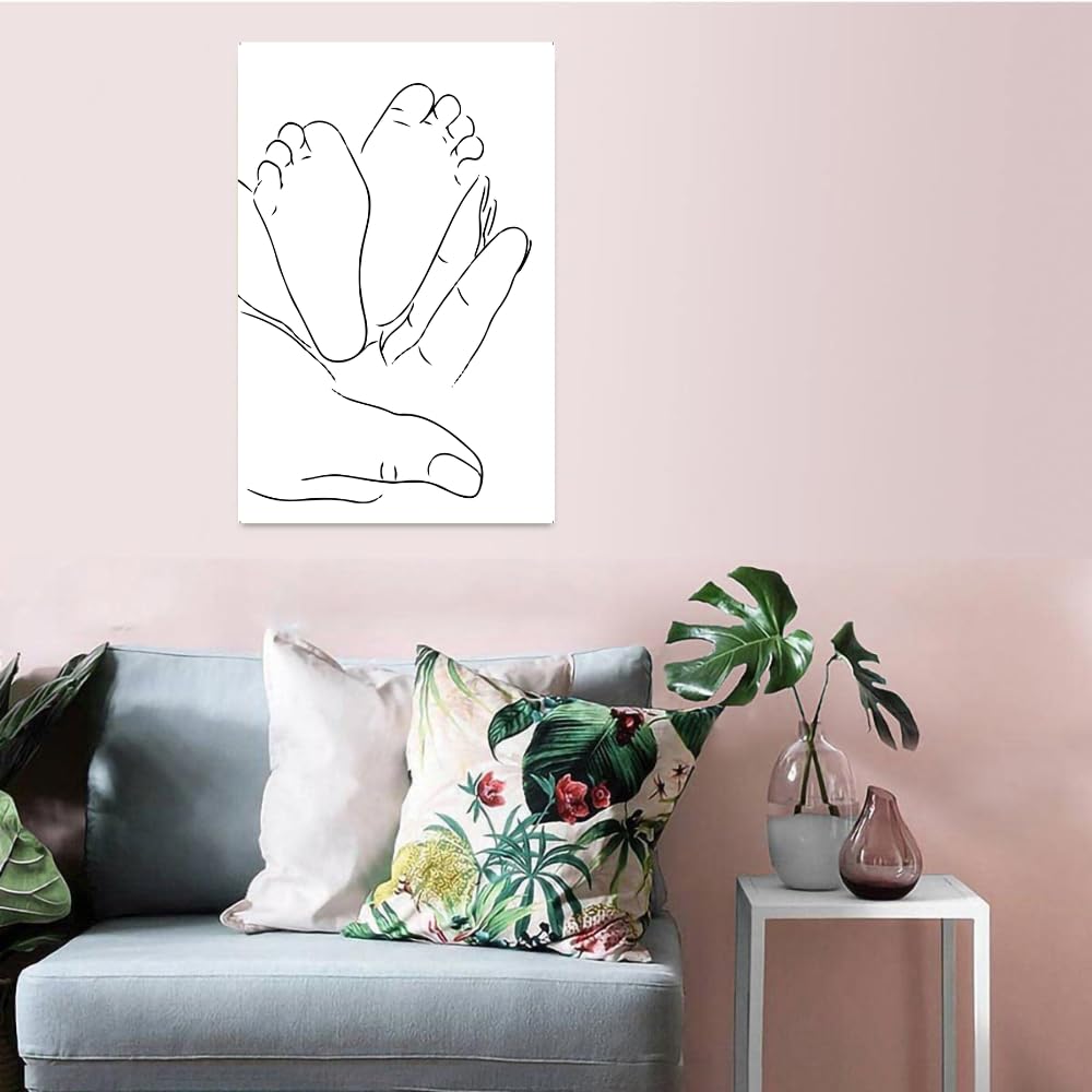 Minimalist Mom and Baby Wall Art – Abstract Line Poster of Baby Feet in Mother’s Hands – Nursery, Kids Room, or Bedroom Decor