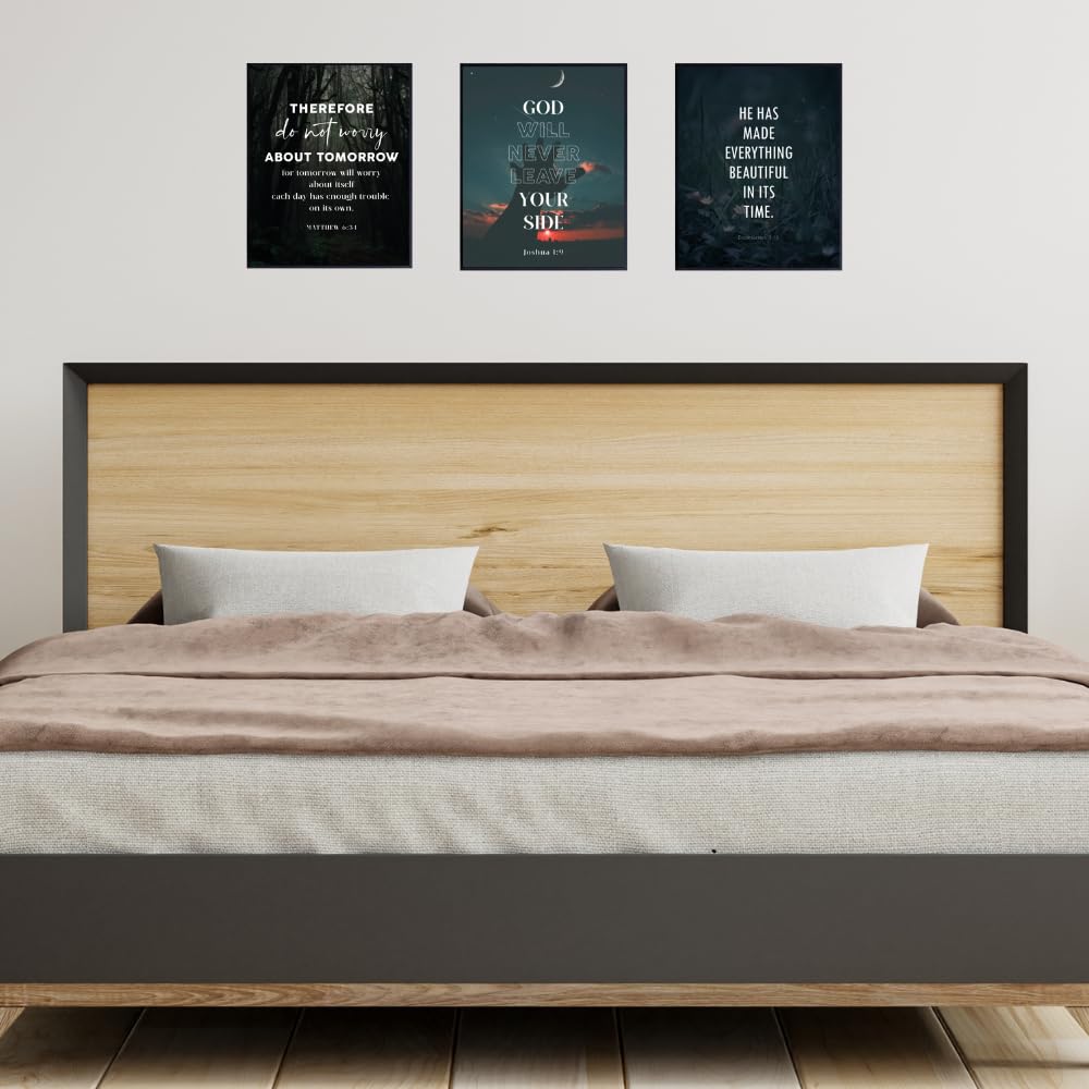 Blessed Posters Christian Wall Art Set of 3 – Bible Verse Prints Joshua 1:9 Ecclesiastes 3:11 Matthew 6:34 – Scripture Wall Decor for Home Office Church Religious Gifts