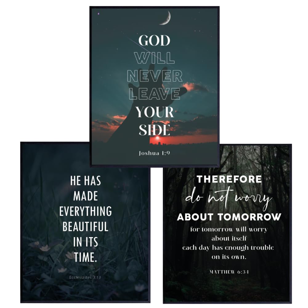 Blessed Posters Christian Wall Art Set of 3 – Bible Verse Prints Joshua 1:9 Ecclesiastes 3:11 Matthew 6:34 – Scripture Wall Decor for Home Office Church Religious Gifts