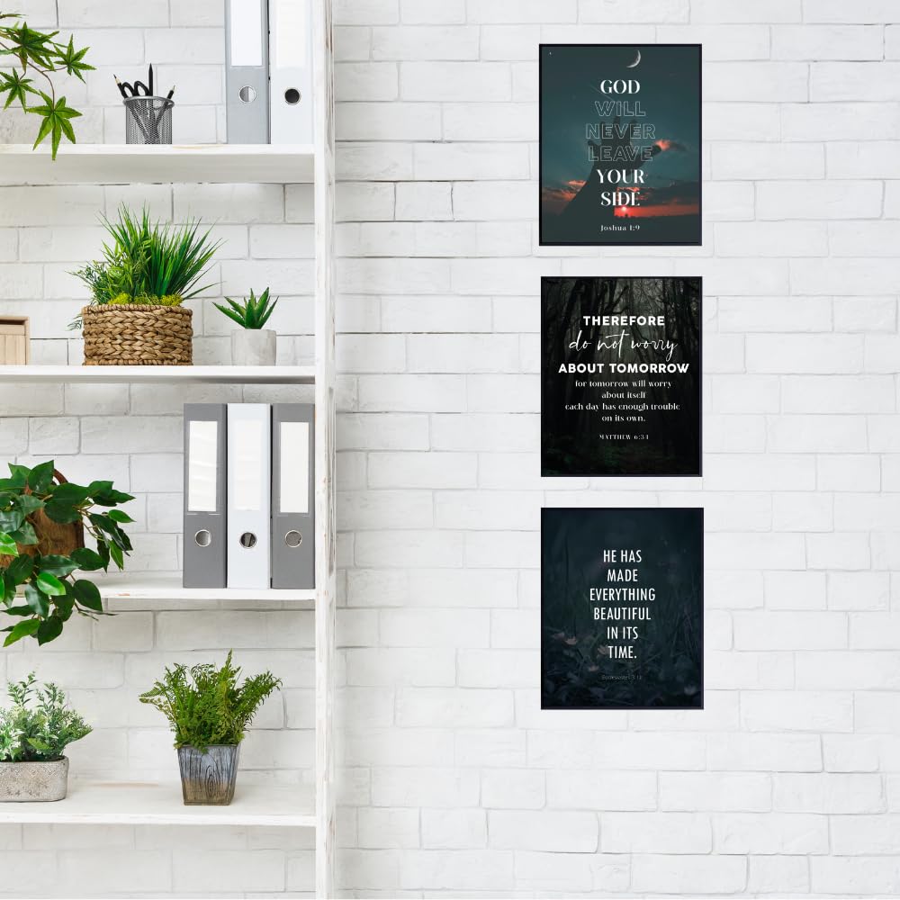 Blessed Posters Christian Wall Art Set of 3 – Bible Verse Prints Joshua 1:9 Ecclesiastes 3:11 Matthew 6:34 – Scripture Wall Decor for Home Office Church Religious Gifts