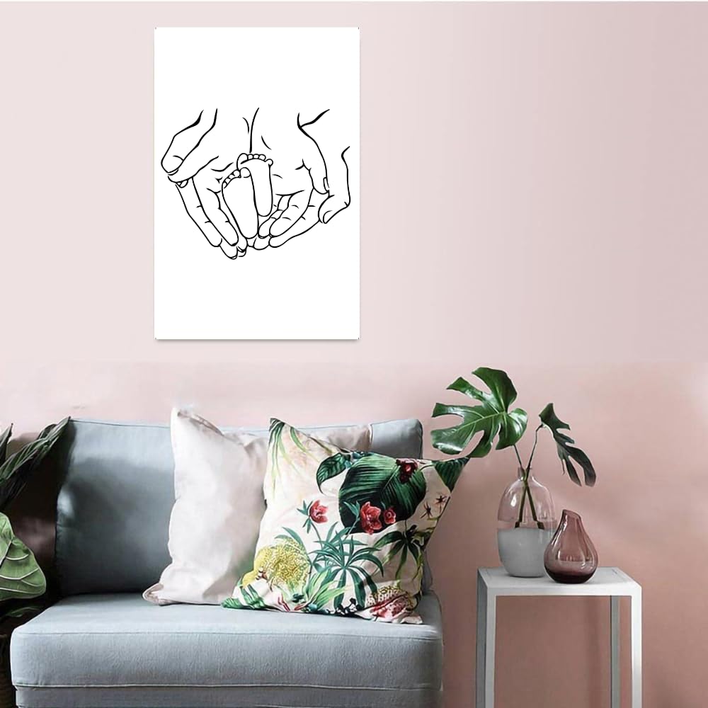 Parent and Baby Wall Art – Minimalist Abstract Line Poster of Baby Feet in Parent Hands – Nursery Kids Room Modern Home Decor – Gift for New Parents