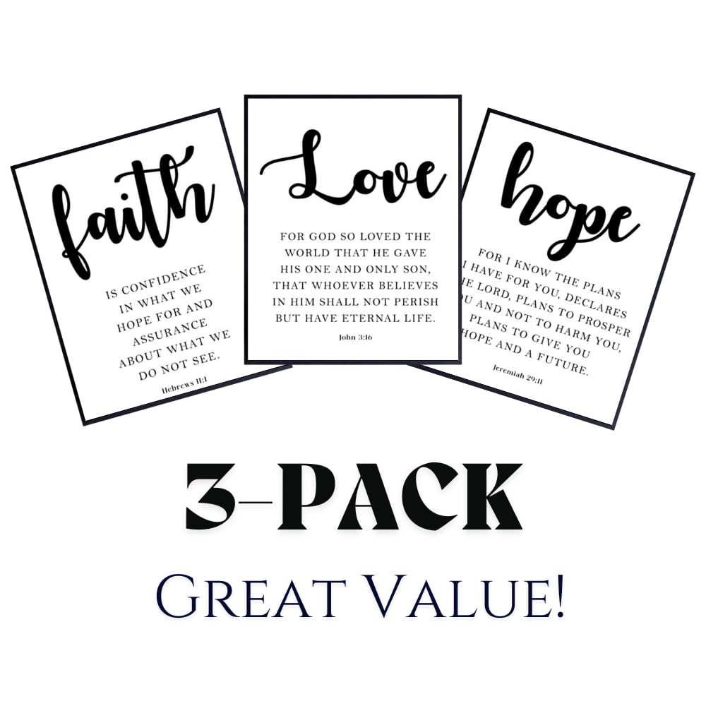 Blessed Posters Christian Gifts for Women, Christian Wall Art, Bible Verses Wall Decor - Religious Scripture Decoration, 3-Pack (John 3:16, Jeremiah 29:11, Hebrews 11:1)