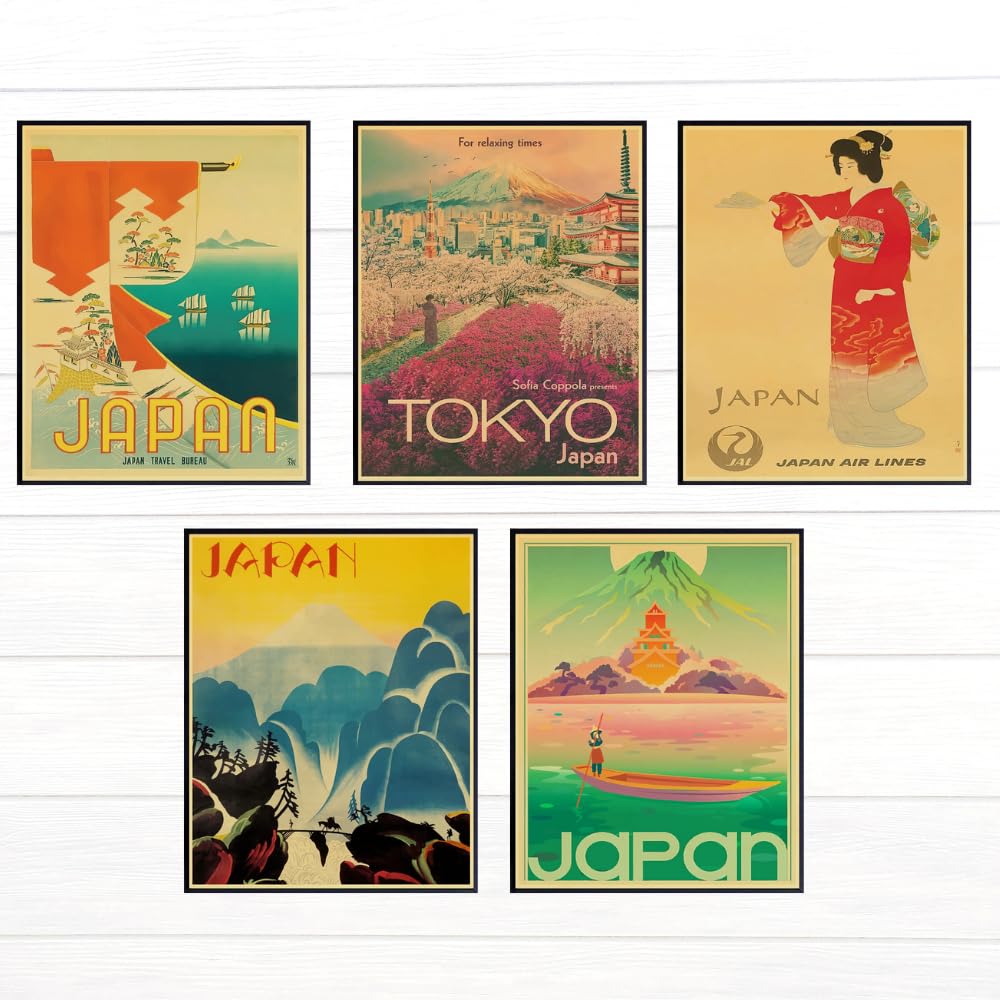 Japanese Wall Art Vintage Travel Poster Set of 5 Japan Prints for Bedroom Living Room Dorm Anime Gifts Home Decor