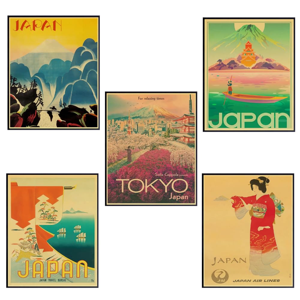 Japanese Wall Art Vintage Travel Poster Set of 5 Japan Prints for Bedroom Living Room Dorm Anime Gifts Home Decor