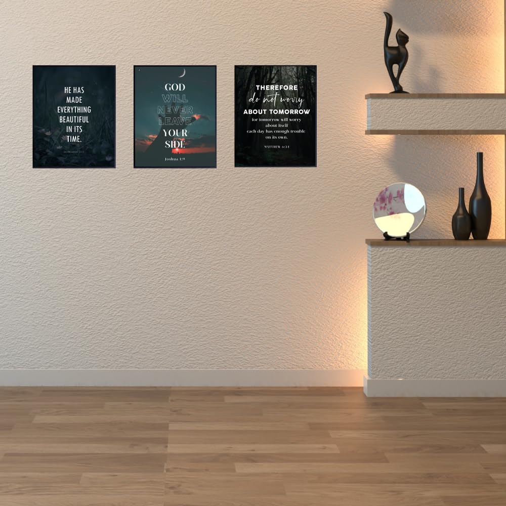 Blessed Posters Christian Wall Art Set of 3 – Bible Verse Prints Joshua 1:9 Ecclesiastes 3:11 Matthew 6:34 – Scripture Wall Decor for Home Office Church Religious Gifts