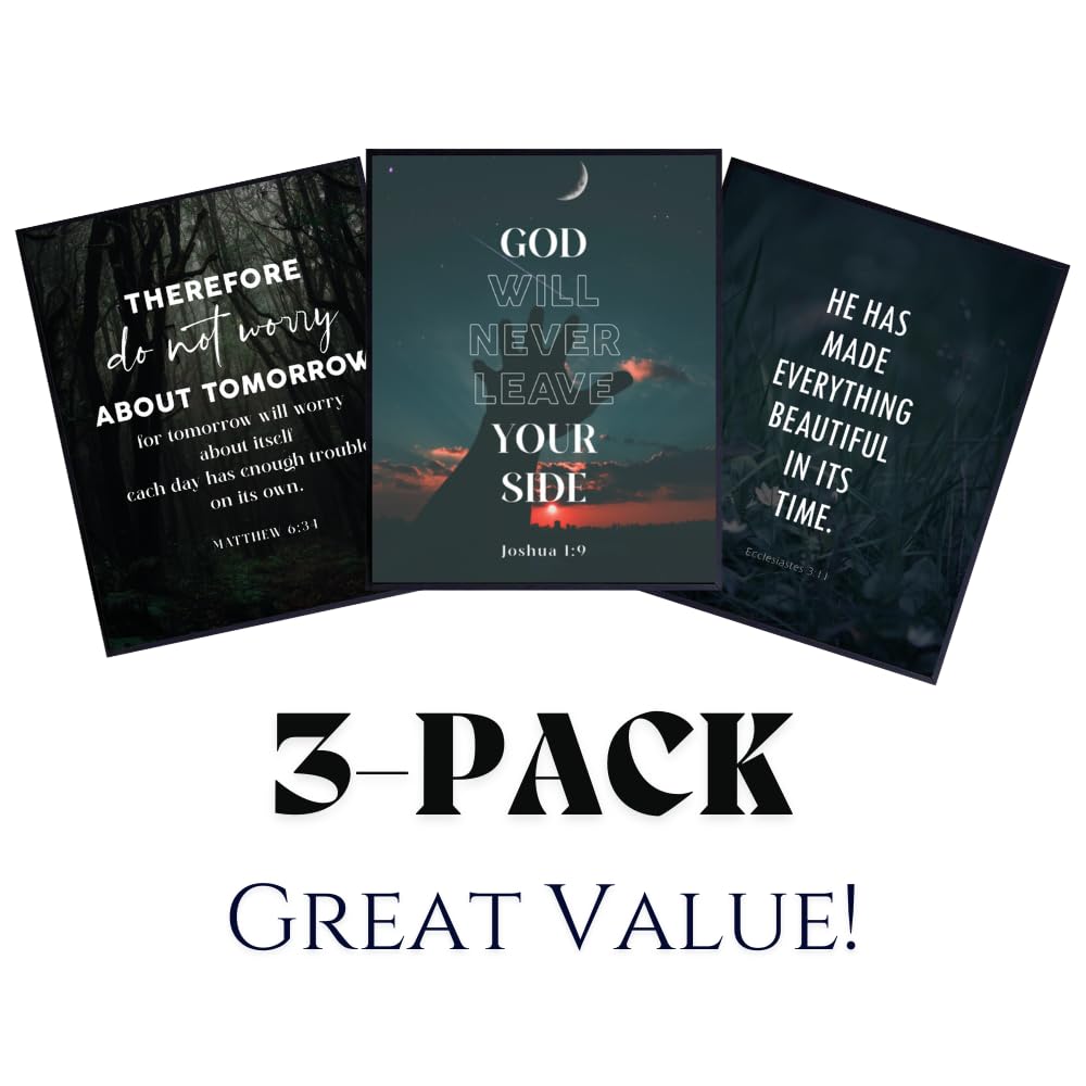 Blessed Posters Christian Wall Art Set of 3 – Bible Verse Prints Joshua 1:9 Ecclesiastes 3:11 Matthew 6:34 – Scripture Wall Decor for Home Office Church Religious Gifts