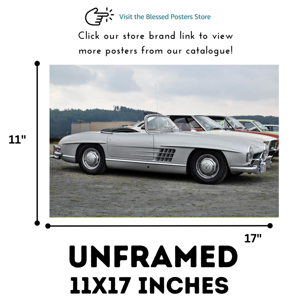 Blessed Posters Mercedes-Benz 300SL Gullwing Poster – Iconic Luxury Sports Car Wall Art Print – Classic Vintage Automotive Poster for Garage Office Bedroom Living Room