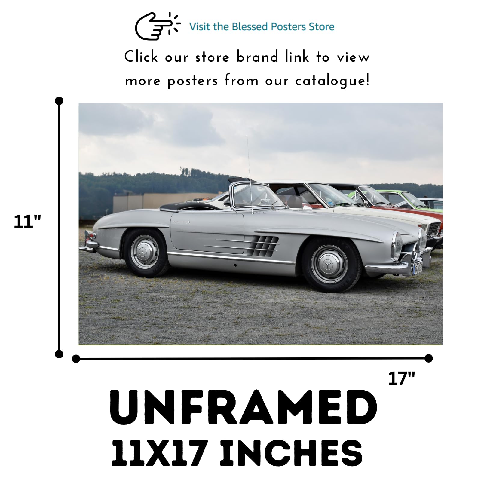 Blessed Posters Mercedes-Benz 300SL Gullwing Poster – Iconic Luxury Sports Car Wall Art Print – Classic Vintage Automotive Poster for Garage Office Bedroom Living Room