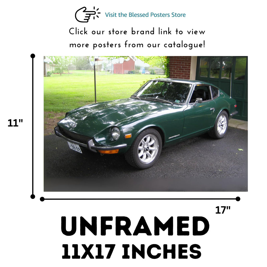 Blessed Posters Datsun 240Z Classic Car Poster – Retro Japanese Sports Coupe Wall Art for Garage Studio Man Cave – Collector’s Decor Accent