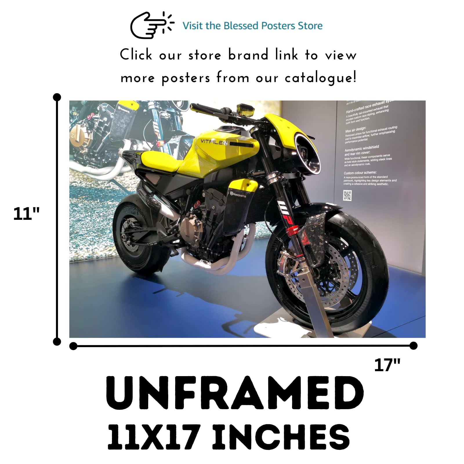 Husqvarna Vitpilen Motorcycle Poster - Cafe Racer Sportbike Wall Decor for Garage, Living Room or Office