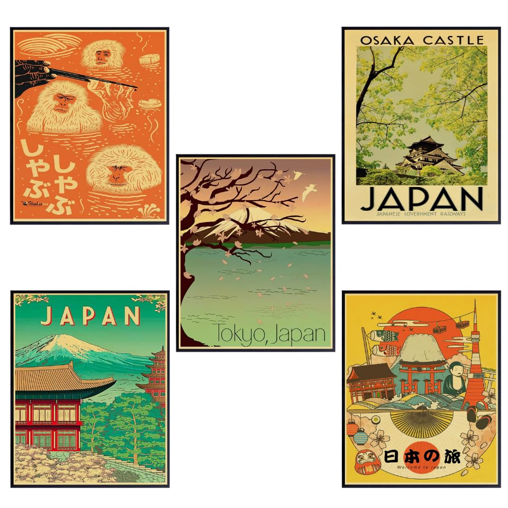 Japanese Wall Art Vintage Travel Poster Set of 5 Japan Prints for Bedroom Living Room Anime Gifts Home Decor