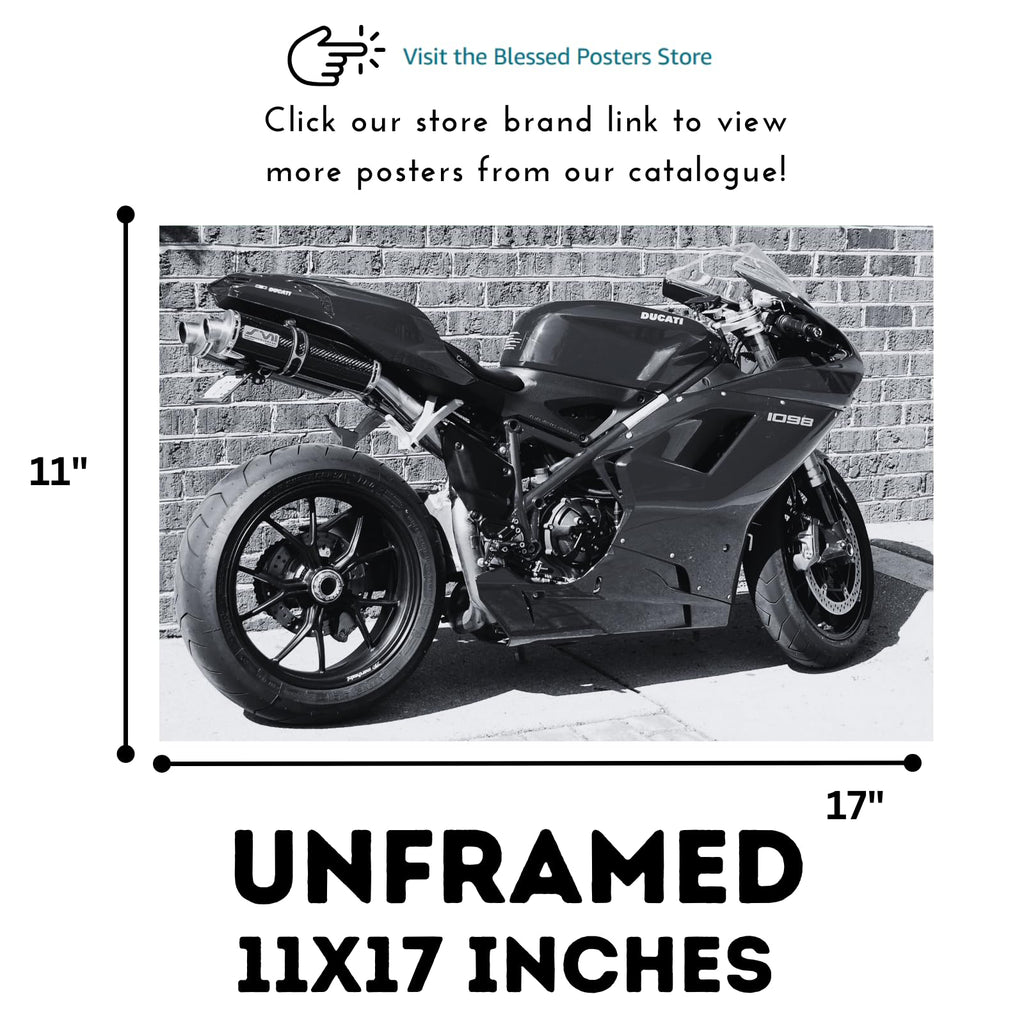 Ducati 1098 Motorcycle Poster - Sport Motorbike Wall Art Decor for Garage, Living Room or Man Cave