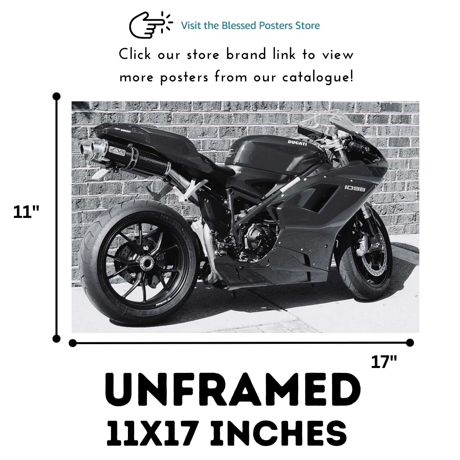 Ducati 1098 Motorcycle Poster - Sport Motorbike Wall Art Decor for Garage, Living Room or Man Cave
