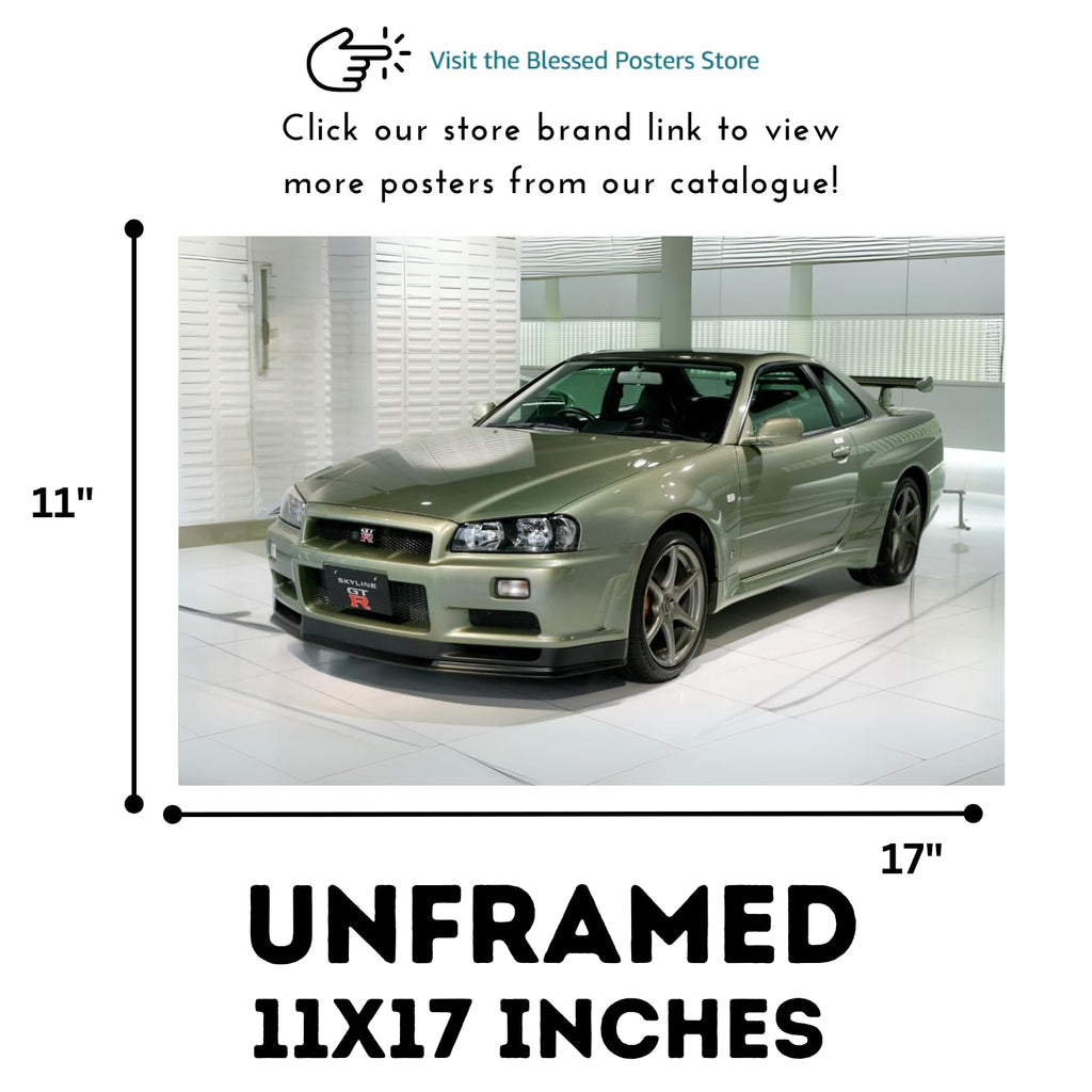 Blessed Posters Nissan GT-R R34 Poster – Classic JDM Car Wall Art for Garage, Bedroom, Office, or Man Cave – Japanese Sports Car Print Home Decor