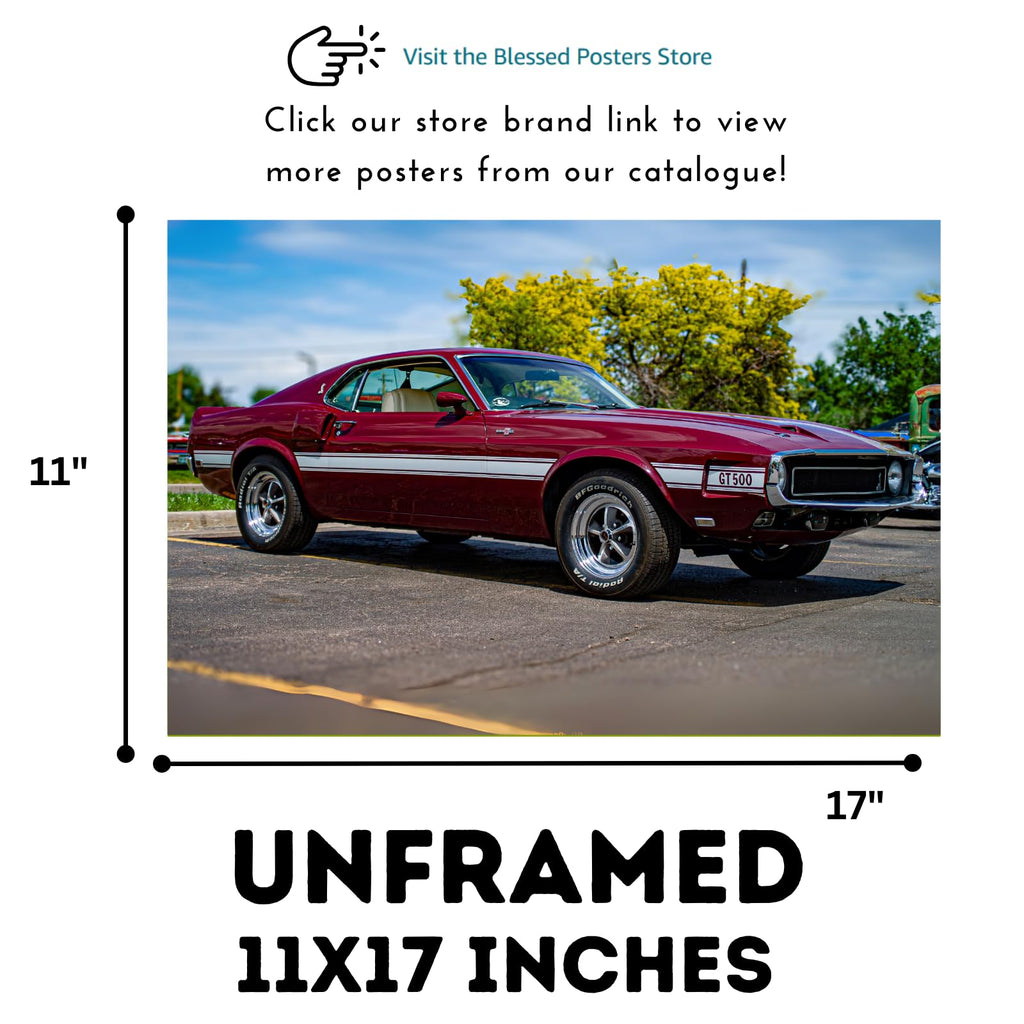 Blessed Posters Shelby GT Poster – Classic Muscle Car Wall Art Print – Retro American Auto Poster for Garage Office Bedroom Living Room Décor