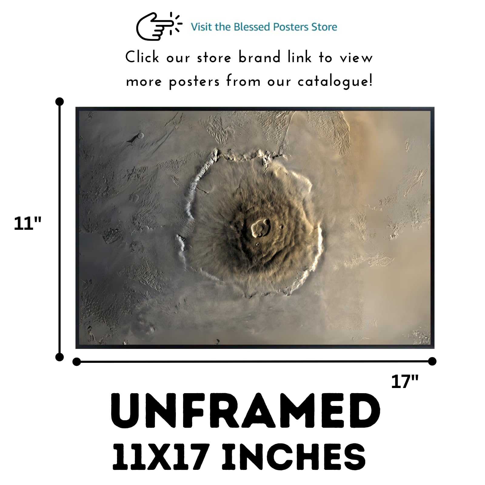 Blessed Posters Olympus Mons Poster – Space Wall Art Print of Mars Volcano for Bedroom, Living Room, Office, or Home Decor – Astronomy Galaxy Photography Artwork