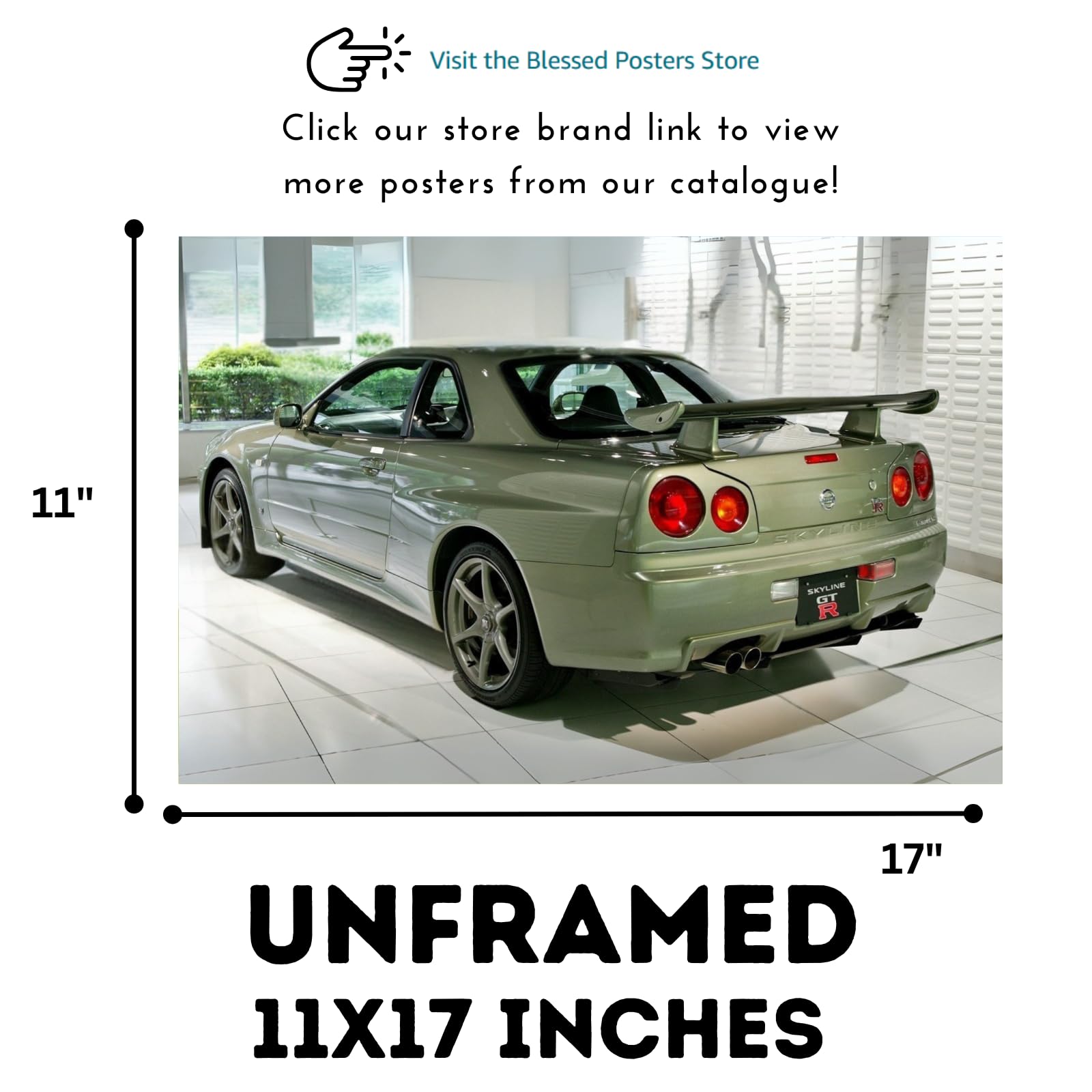 Blessed Posters Nissan Skyline GT-R R34 Poster – Iconic Japanese Sports Car Wall Art for Garage, Bedroom, Office, or Living Space – Vintage JDM Decor Accent
