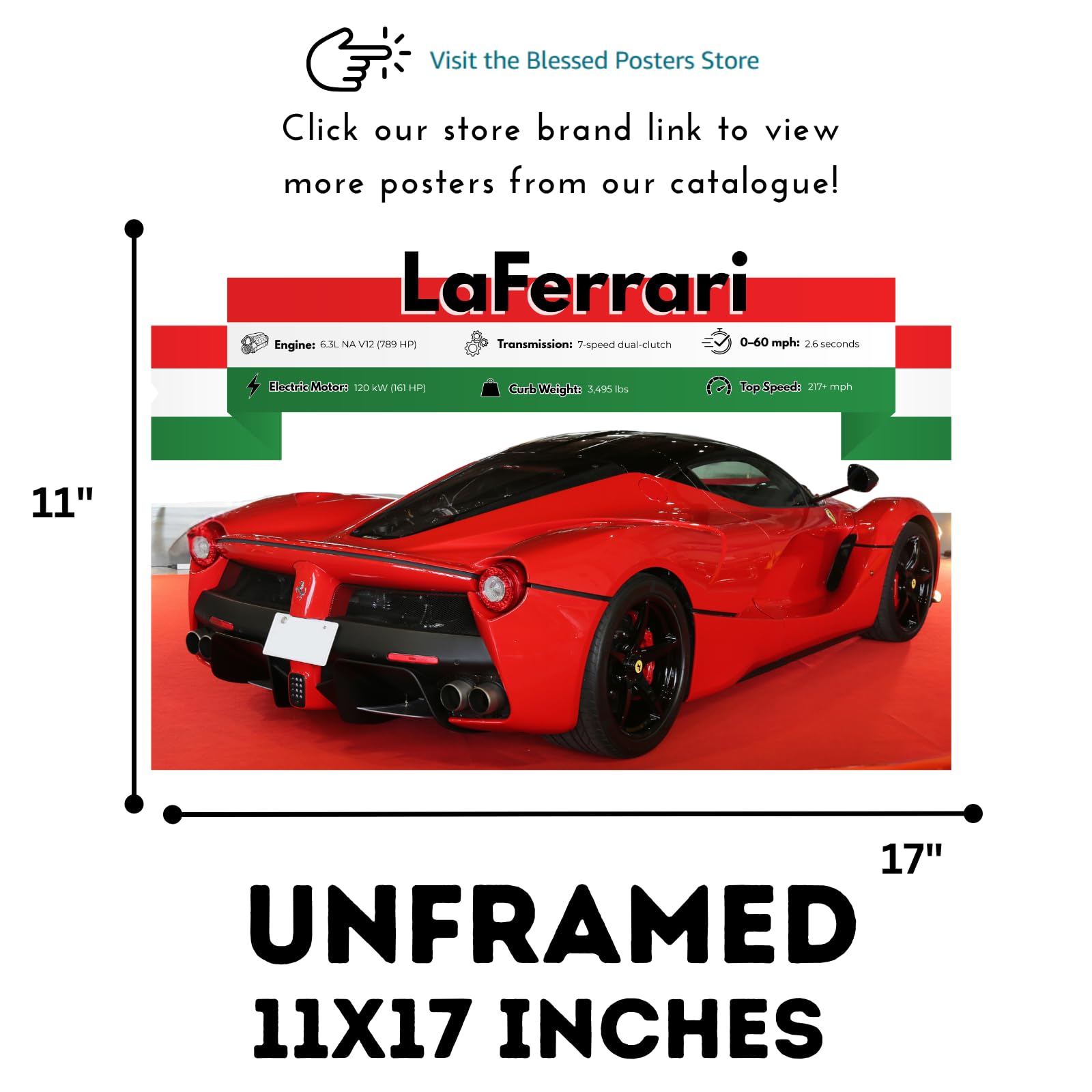 Blessed Posters Ferrari LaFerrari Poster – Italian Supercar Wall Art Print, Hypercar Artwork for Bedroom, Living Room, or Office Decor
