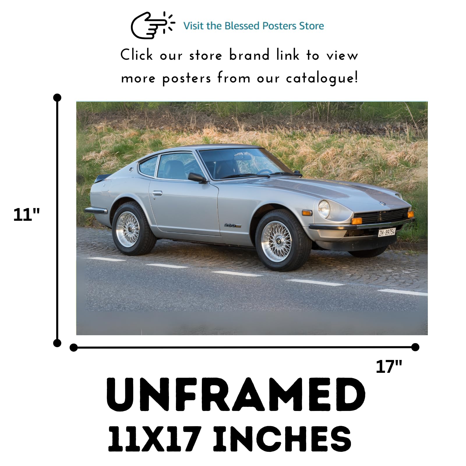 Blessed Posters Datsun 240Z Wall Poster – Retro Japanese Performance Car Print for Office Bedroom Den – Stylish Auto Enthusiast Decor